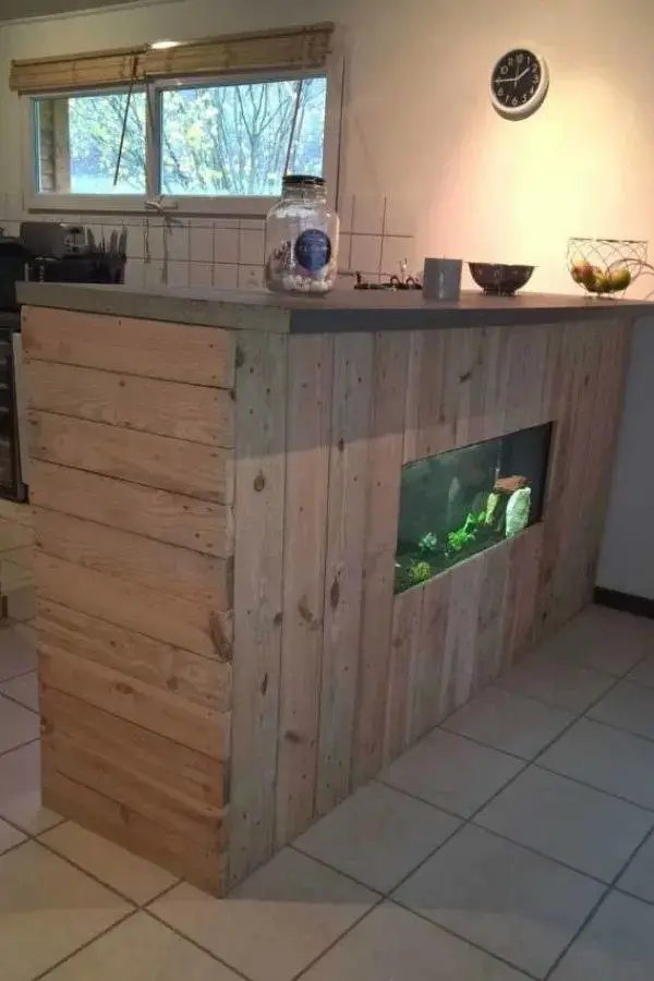 Pallet Bar With Integrated Aquarium and Wax Concrete Counter