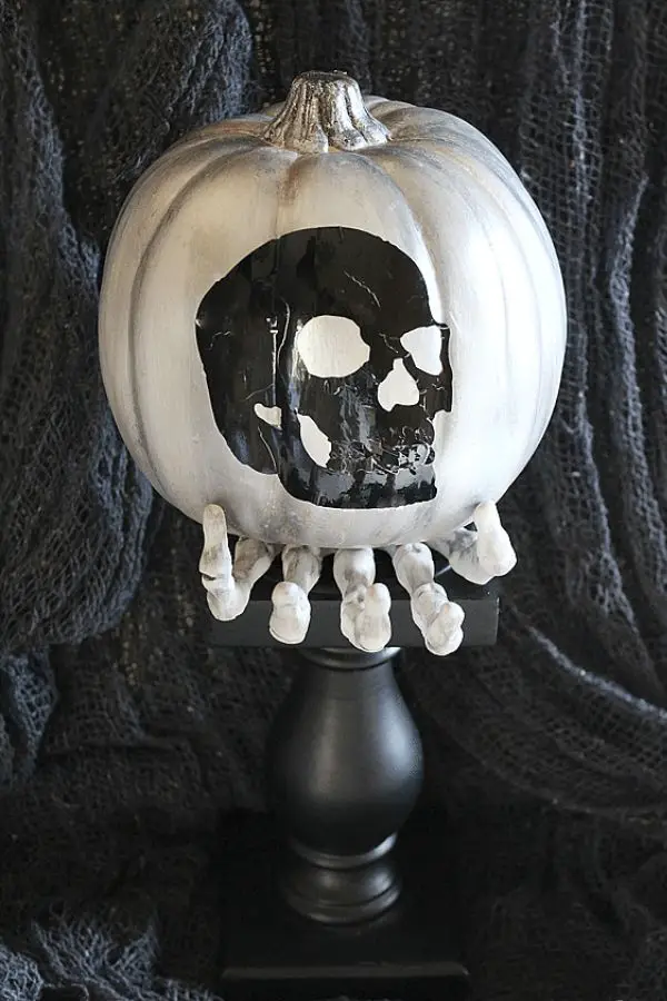 Pumpkin Decor With Skeleton Hand And Skull